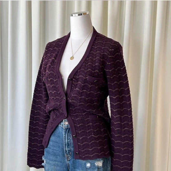 Saks Fifth Avenue Cashmere Wool Blend Cardigan Pointelle Knit Scalloped Large. - Picture 4 of 12